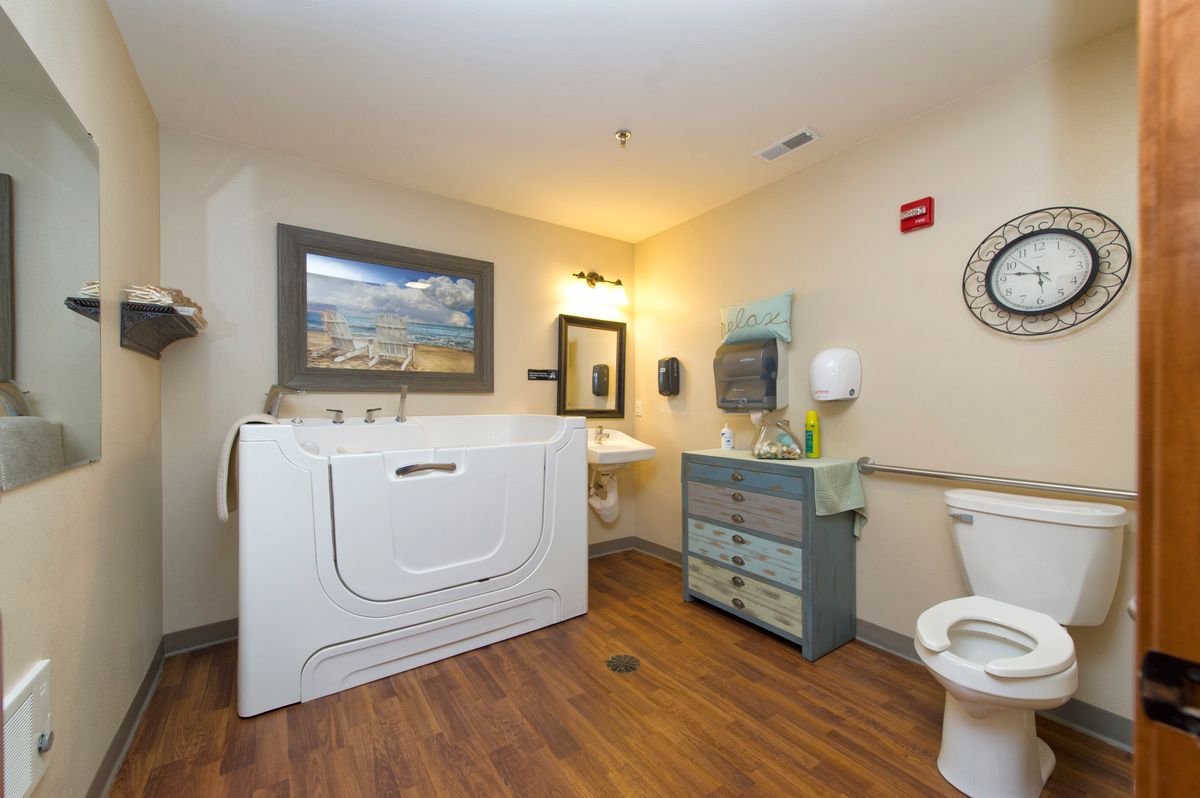 An accessible bathroom with a walk-in bathtub, sink, and toilet on a wooden floor.