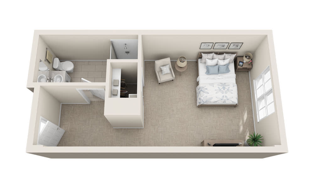 A top-down view of a compact apartment room layout, featuring a bedroom with a bed and armchair, adjacent to a small bathroom.