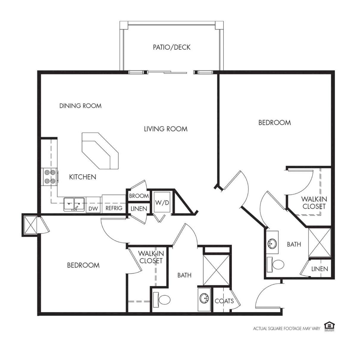 A floor plan of a two-bedroom apartment featuring a kitchen, living room, two bathrooms, and a balcony.