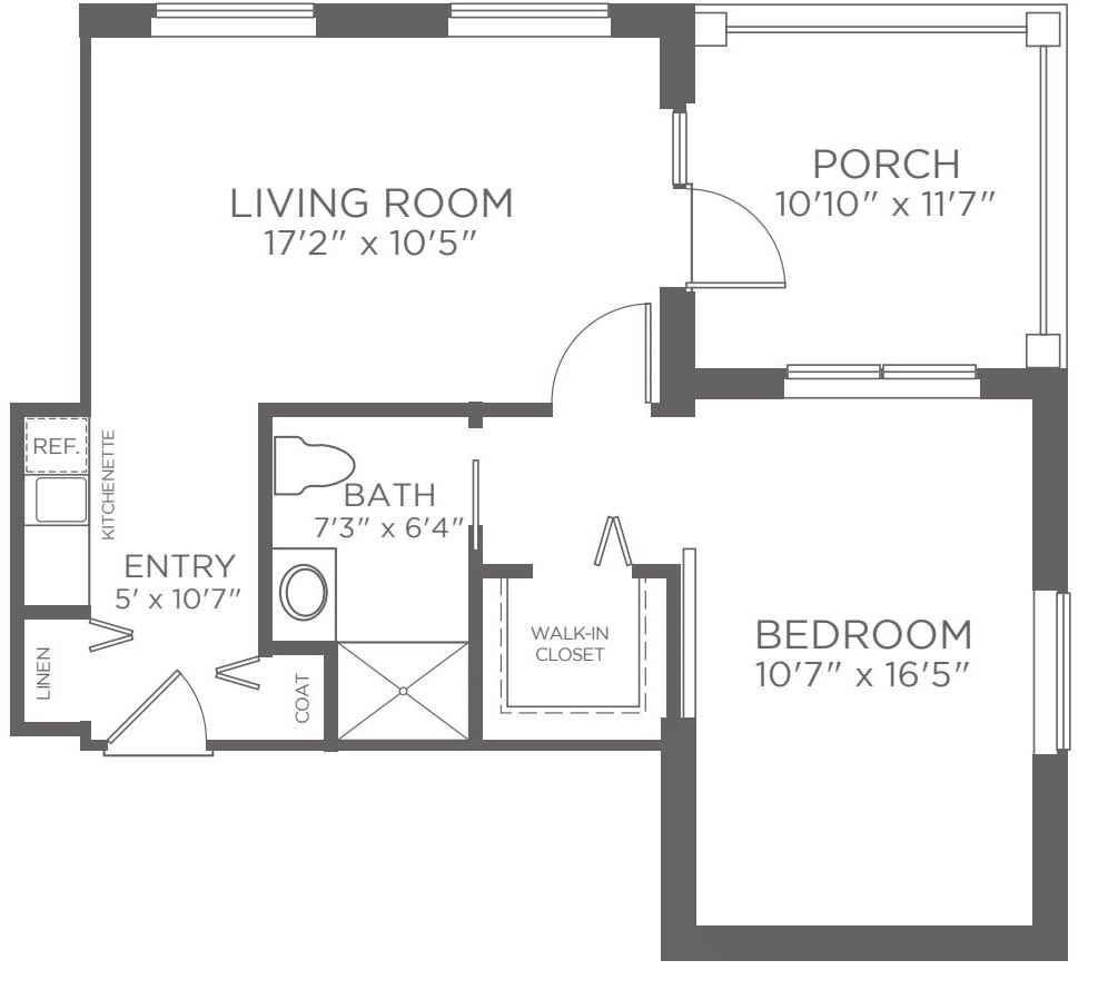 A floor plan of a single-bedroom apartment with a living room, porch, and bathroom.