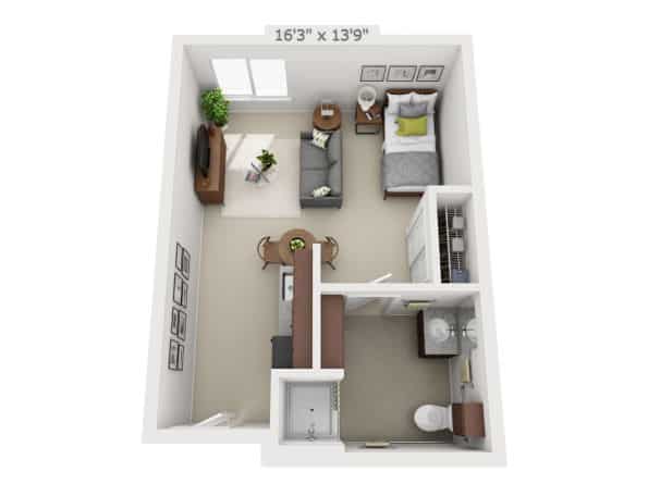 3D floor plan of a cozy studio apartment with a combined living and sleeping area, kitchen, and bathroom.