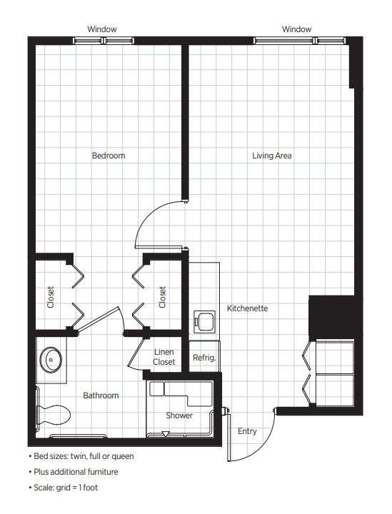 A detailed floor plan of an apartment, showing the layout of the bedroom, living room, kitchen, and bathroom.