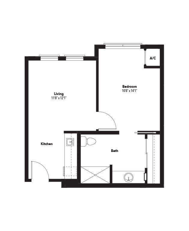 A floor plan of a one-bedroom apartment featuring a living area, kitchen, and bathroom.