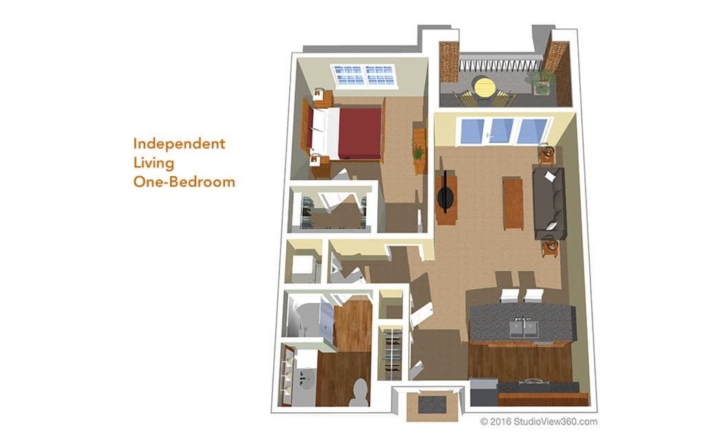 Floor plan of an independent living one-bedroom apartment.