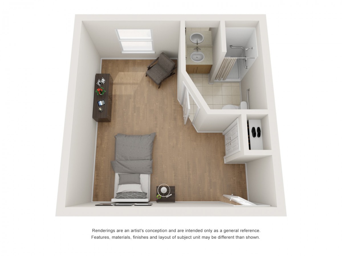 A 3D floor plan showing a compact living area with a desk, chair, sofa, and a small bathroom.