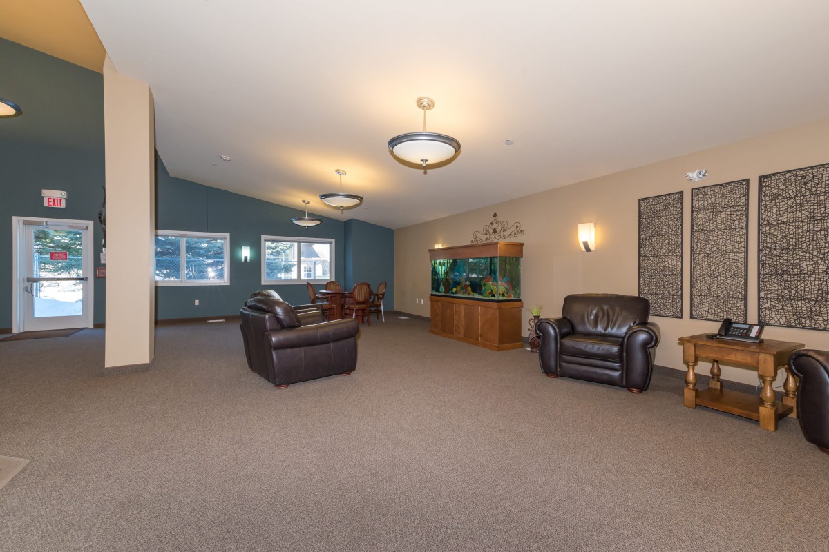 A spacious living room featuring leather chairs, an aquarium, and ceiling lights, with a cozy seating area on a carpeted floor.