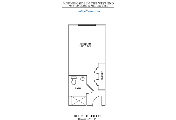 Deluxe studio apartment floor plan layout.
