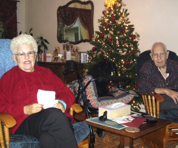 An elderly couple sitting in a living room adorned with a Christmas tree during the holiday season.