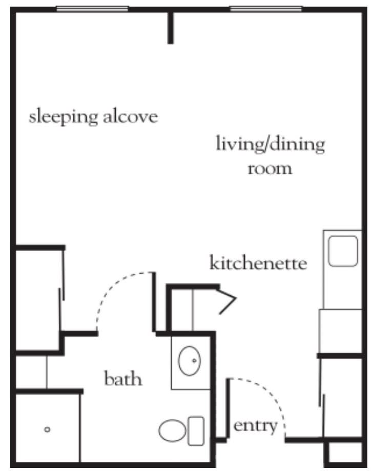 A floor plan of a studio apartment featuring a sleeping alcove, living/dining room, kitchenette, and bathroom.