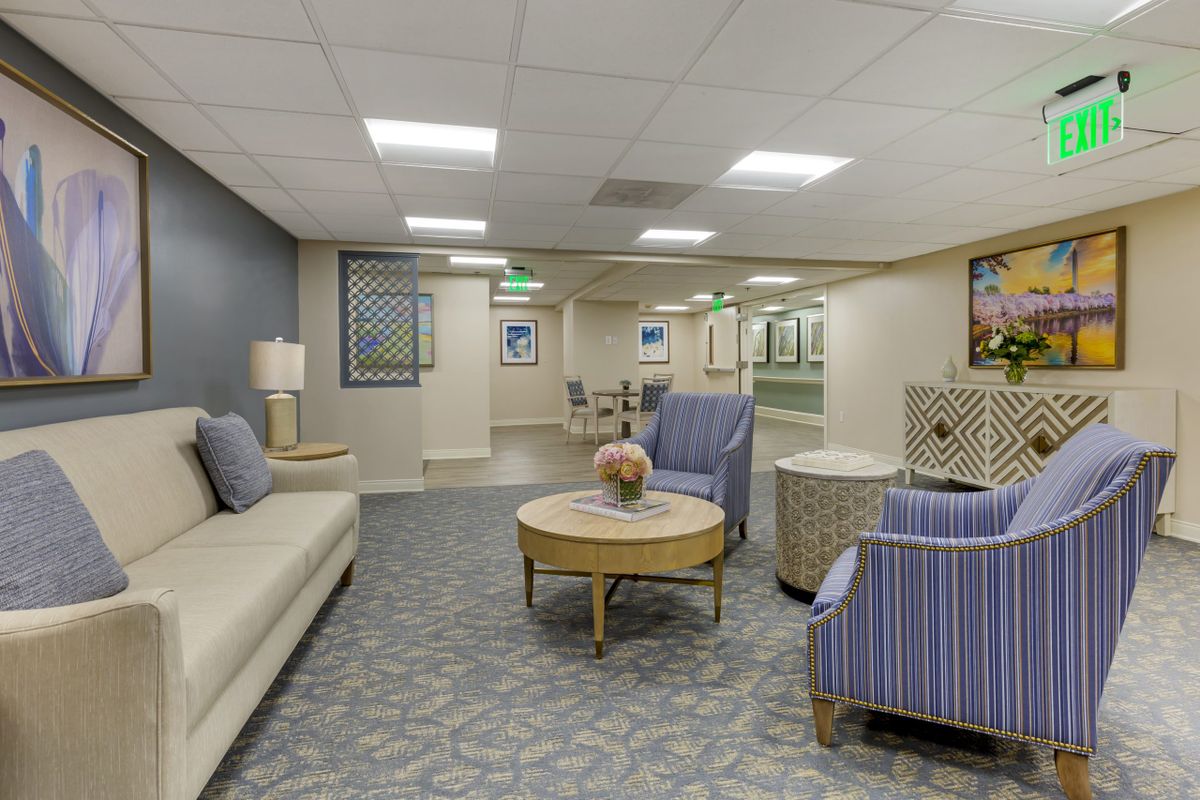 A modern lobby area with comfortable seating and stylish decor.