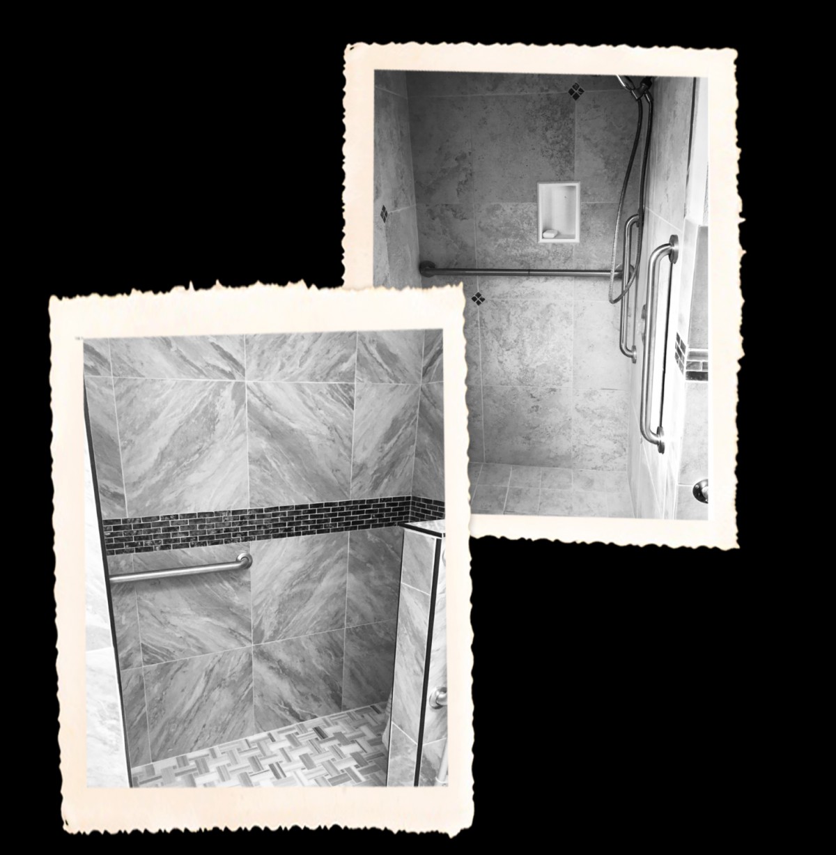 Vintage black and white photographs of a bathroom shower area.