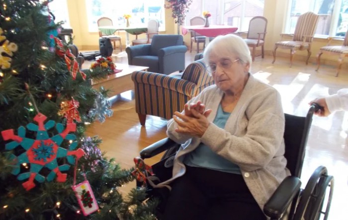 An elderly woman sitting in a wheelchair next to a decorated Christmas tree.