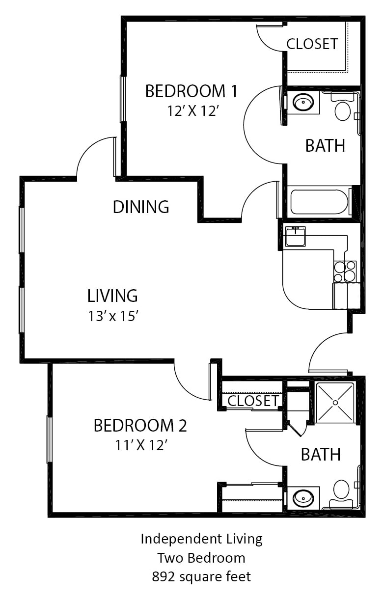 Two-bedroom apartment floor plan with living, dining, and bathroom areas.