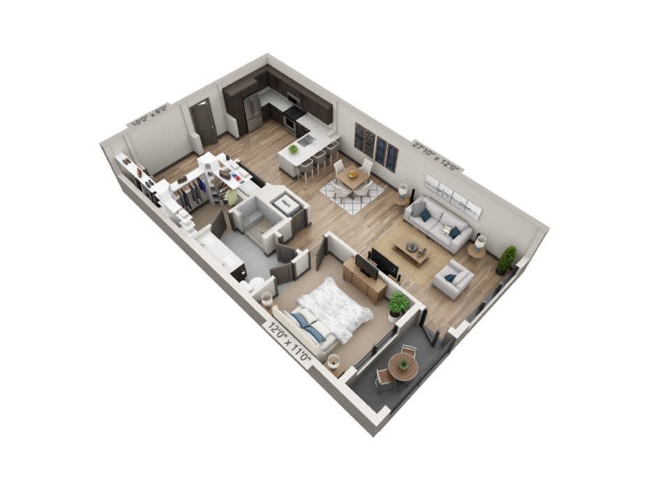 A 3D floor plan of a modern apartment with an open living and dining area, kitchen, bedroom, and bathroom.