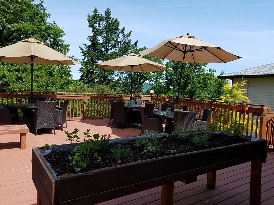 A scenic outdoor deck with patio furniture and umbrellas, surrounded by greenery.