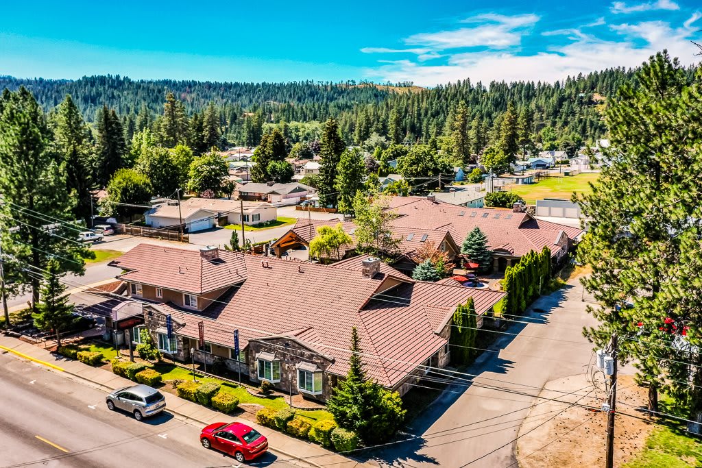Aerial view of a suburban residential area with houses and greenery on a sunny day.