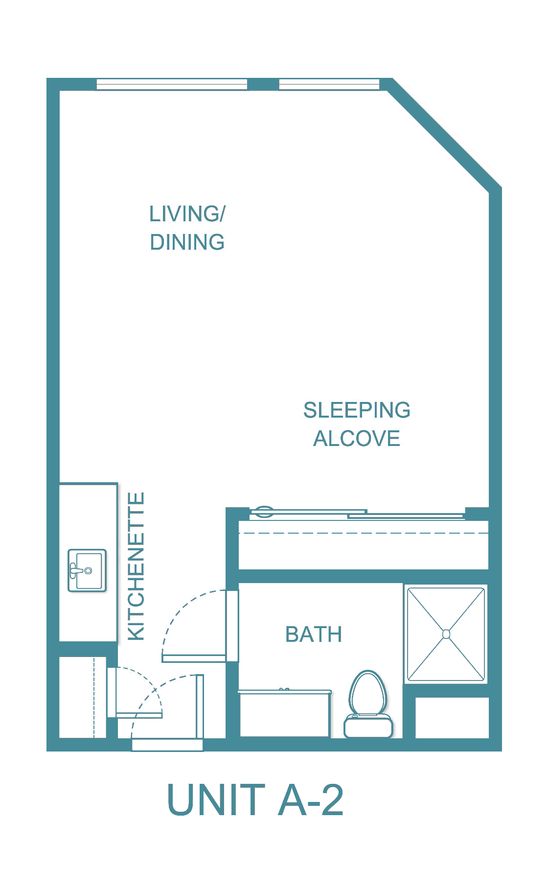 Studio apartment floor plan featuring living/dining area and sleeping alcove.