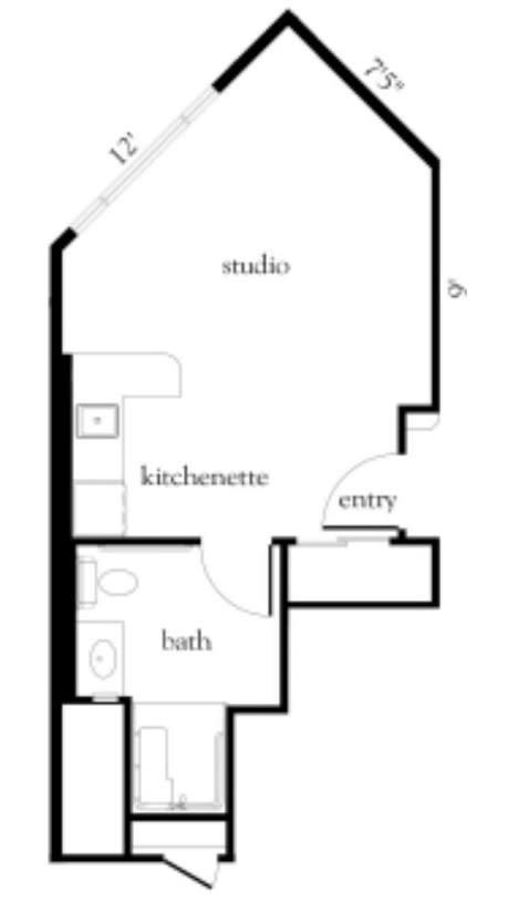 A floor plan of a studio apartment featuring a kitchenette, bath, and entry area.