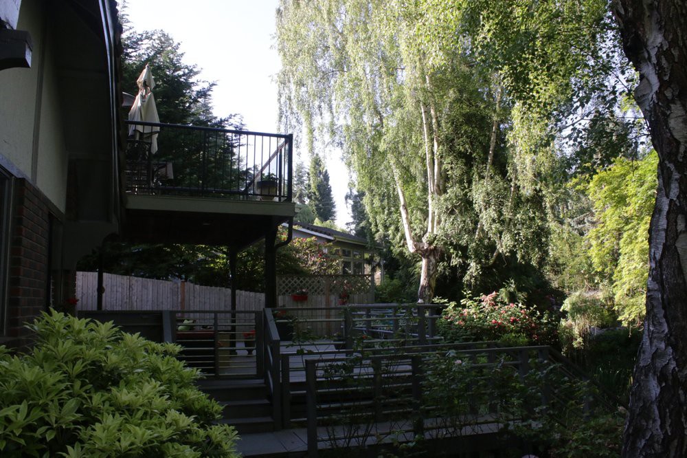 A peaceful garden setting with a deck and patio area surrounded by lush trees.