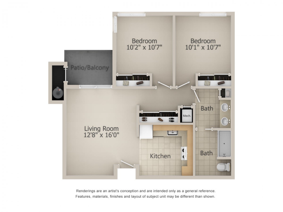 A 2-bedroom apartment floor plan featuring a living room, kitchen, and bathroom.