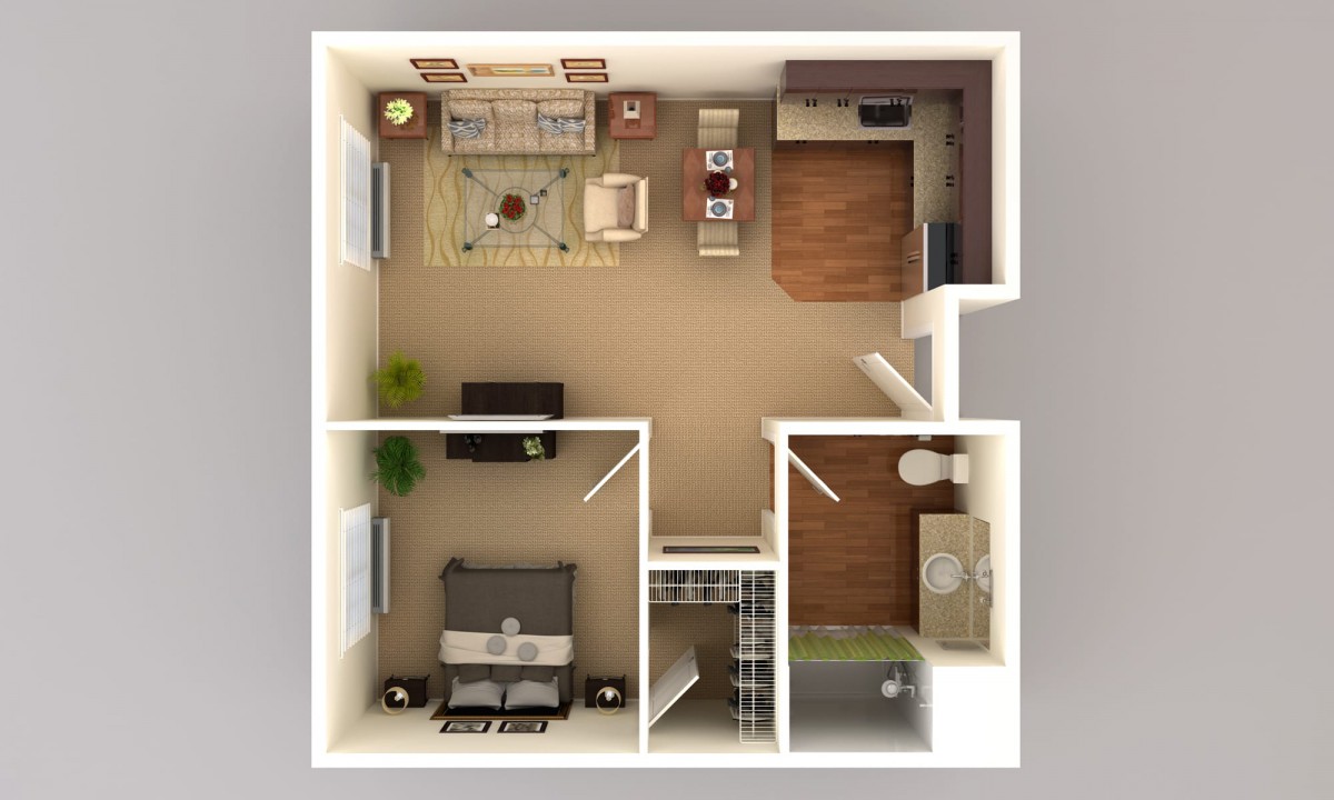 A 3D floor plan of a one-bedroom apartment, showing the living room, kitchen, bedroom, and bathroom.