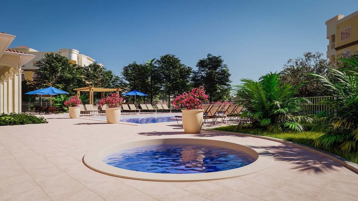 A serene outdoor pool area with lounge chairs and vibrant greenery under a clear blue sky.