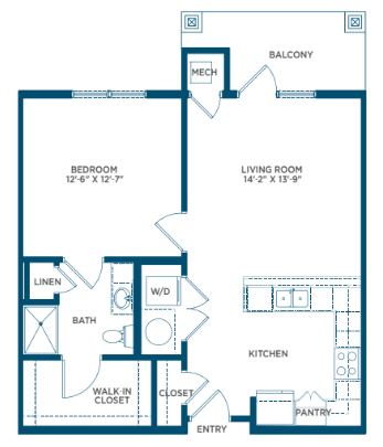 One bedroom apartment floor plan with living room, kitchen, bathroom, and balcony.