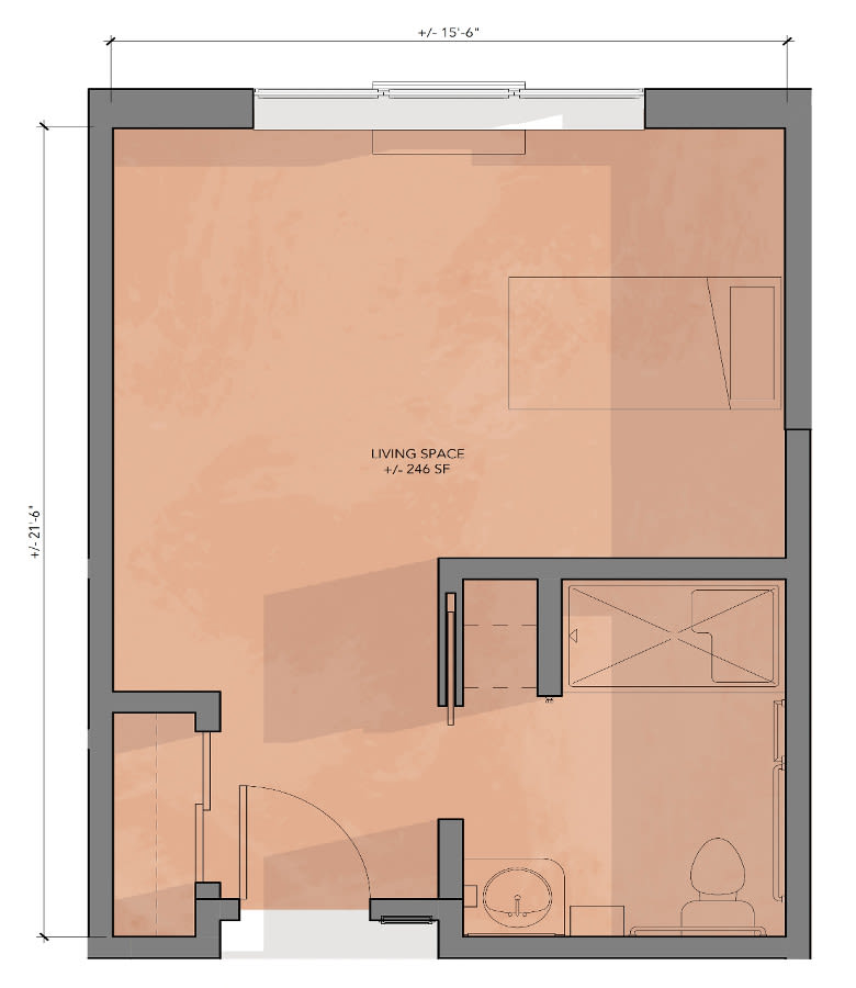 A detailed floor plan showing the layout of a room, including walls and entryways.