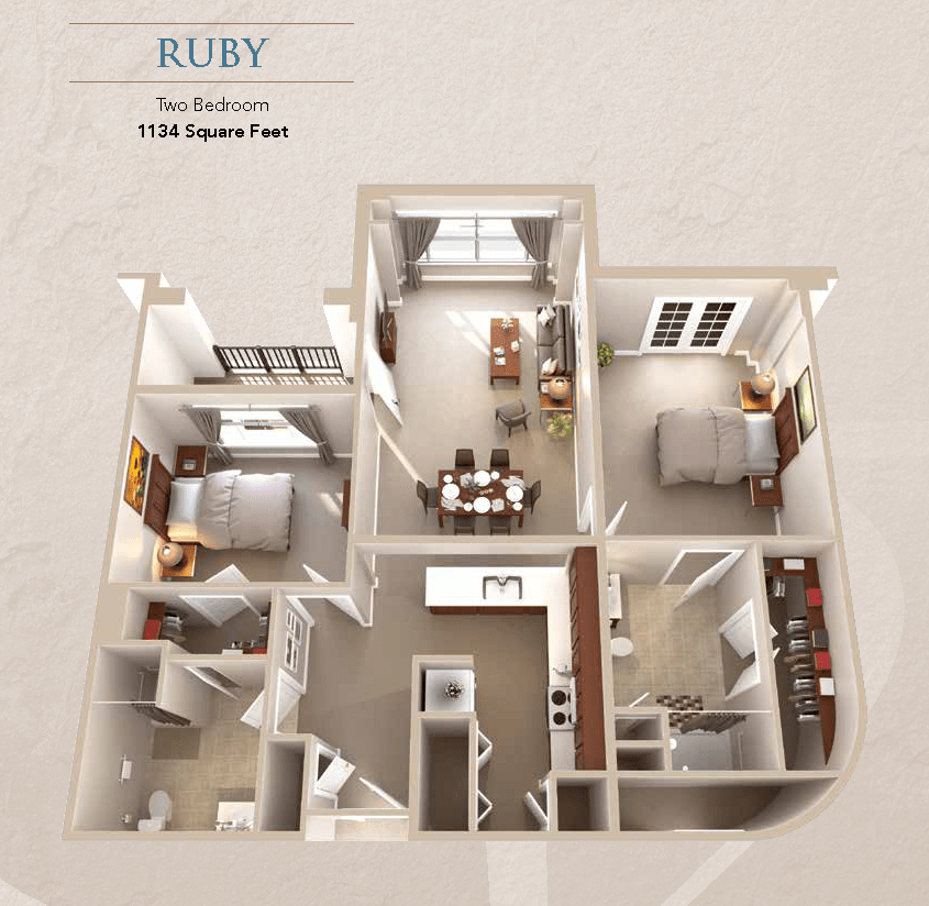 A detailed 3D floor plan of a two-bedroom apartment, showcasing the layout and design of the living spaces.
