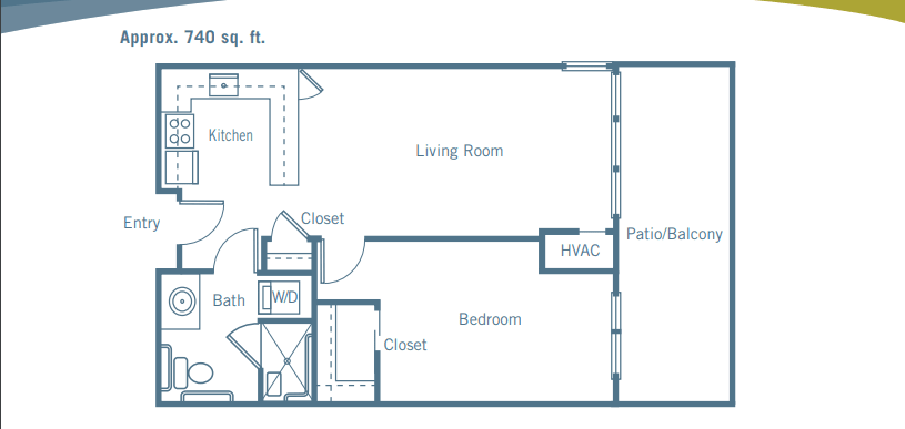 One-bedroom apartment floor plan with patio, living room, kitchen, and closets.