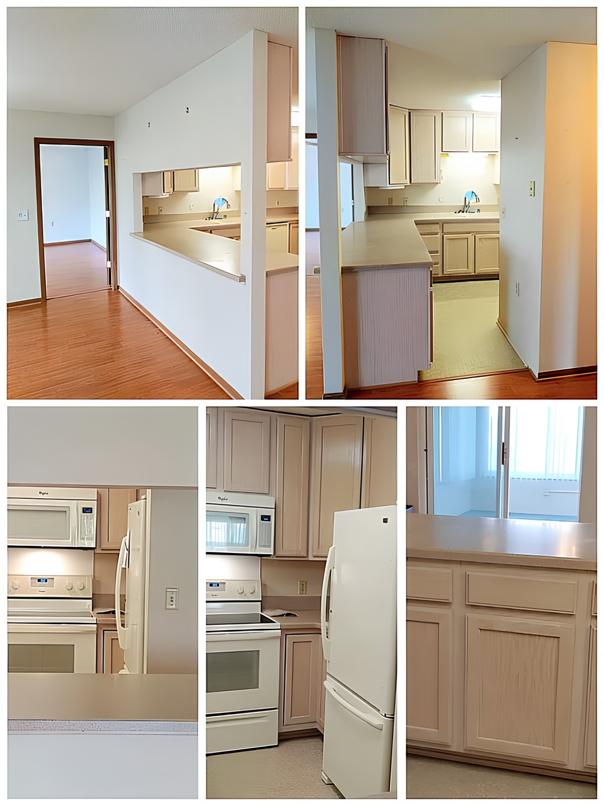 Collage of an apartment interior showcasing a compact kitchen with light cabinetry and hardwood flooring.