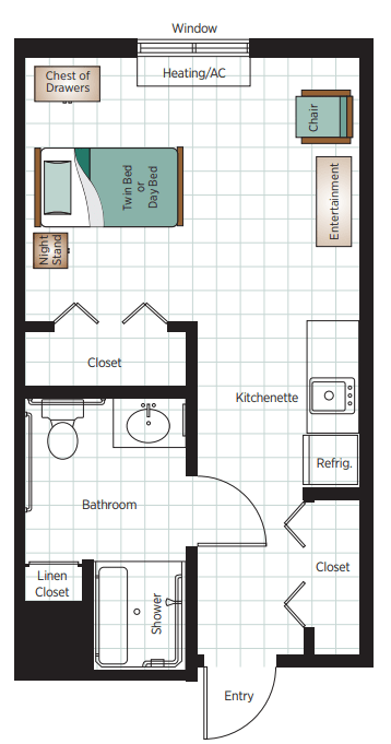 Studio apartment floor plan with bathroom, kitchen, and closet areas.
