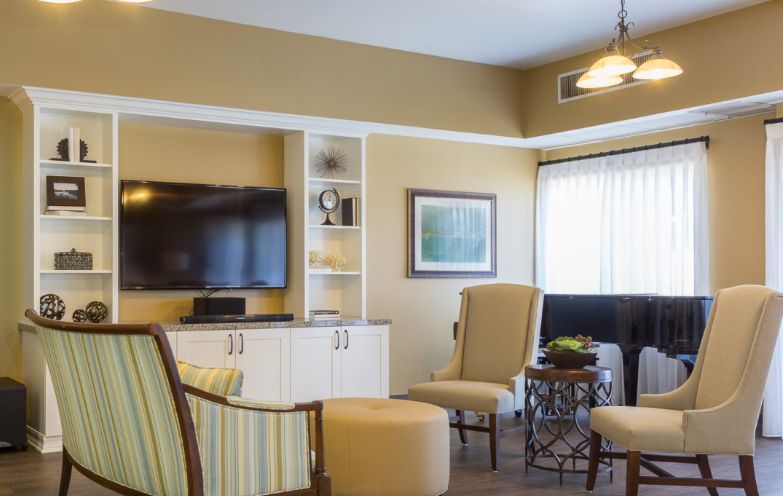 A cozy living room with comfortable armchairs, a television, and stylish decor.