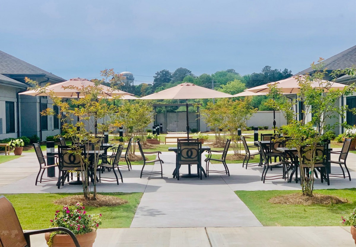 A scenic outdoor patio area with tables, chairs, and umbrellas surrounded by greenery.