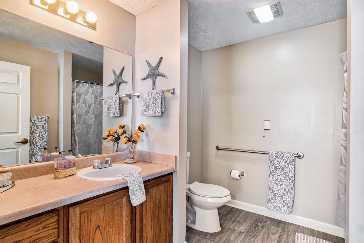 A well-lit bathroom with a sink, mirror, and toilet, featuring decorative elements and a towel rack.