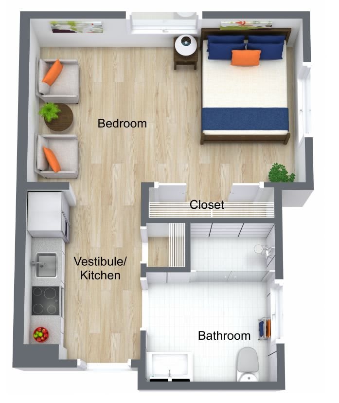 A 3D floor plan of a one-bedroom apartment featuring a kitchen, closet, and bathroom.