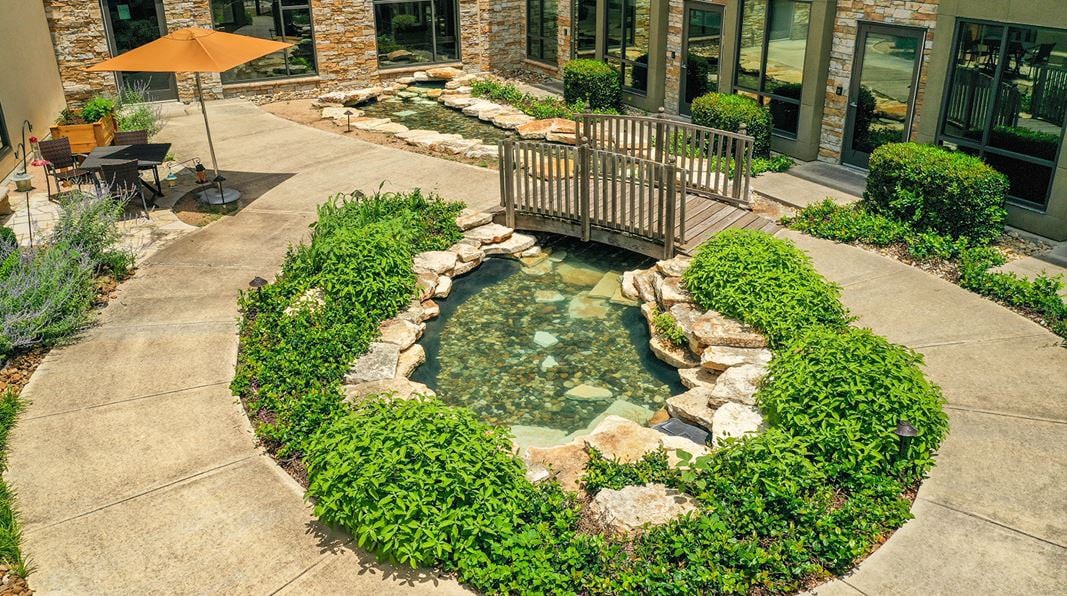 A tranquil garden pond with a small bridge, surrounded by lush greenery.