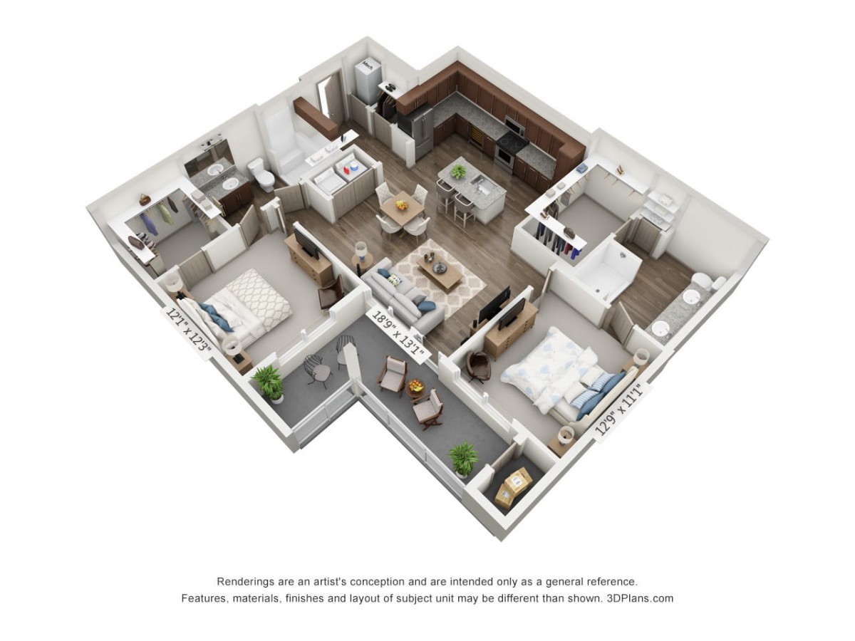 A 3D floor plan showcasing a modern apartment layout with two bedrooms, two bathrooms, a kitchen, and a living area.