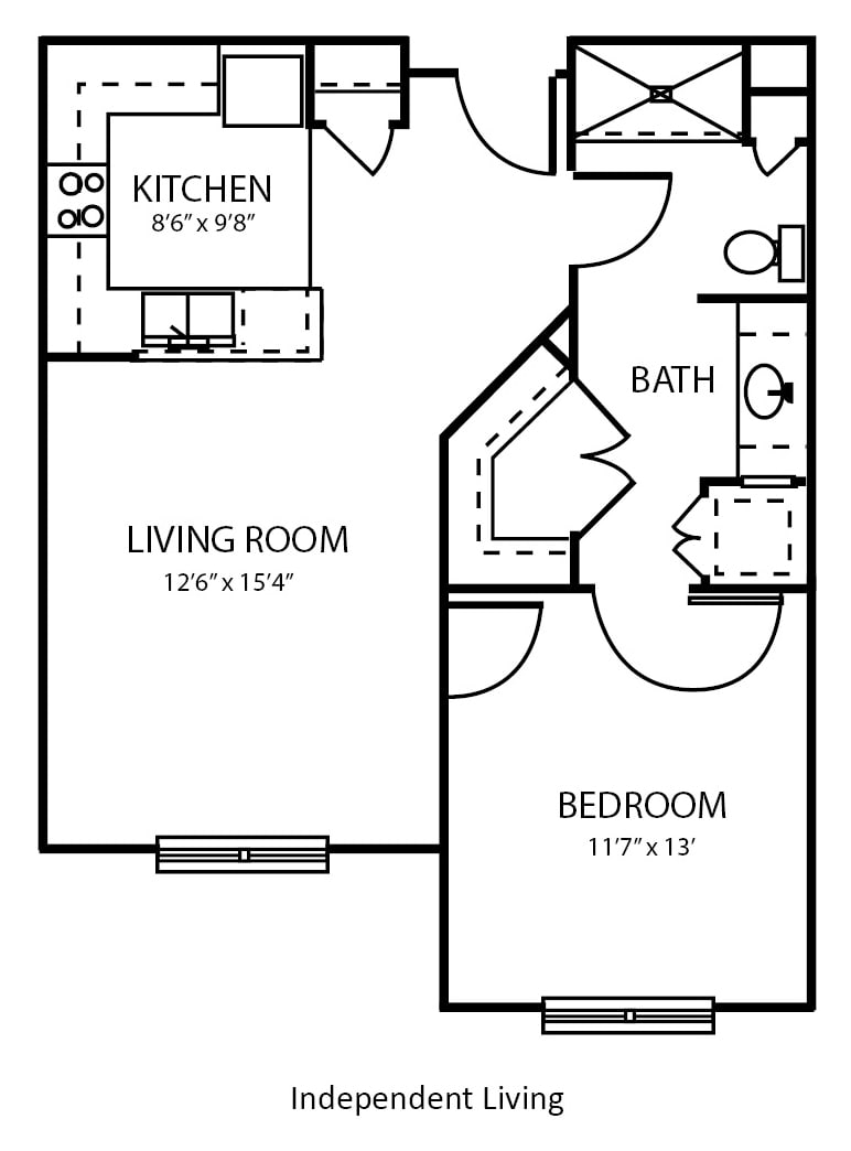 A floor plan of a one-bedroom apartment featuring a living room, kitchen, bathroom, and bedroom.