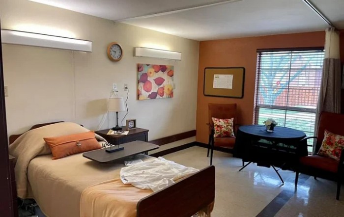 A well-organized hospital room with a patient bed and cozy furnishings.