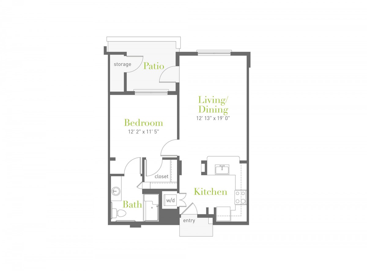A floor plan of an apartment featuring a living/dining area, kitchen, bedroom, bathroom, and patio.