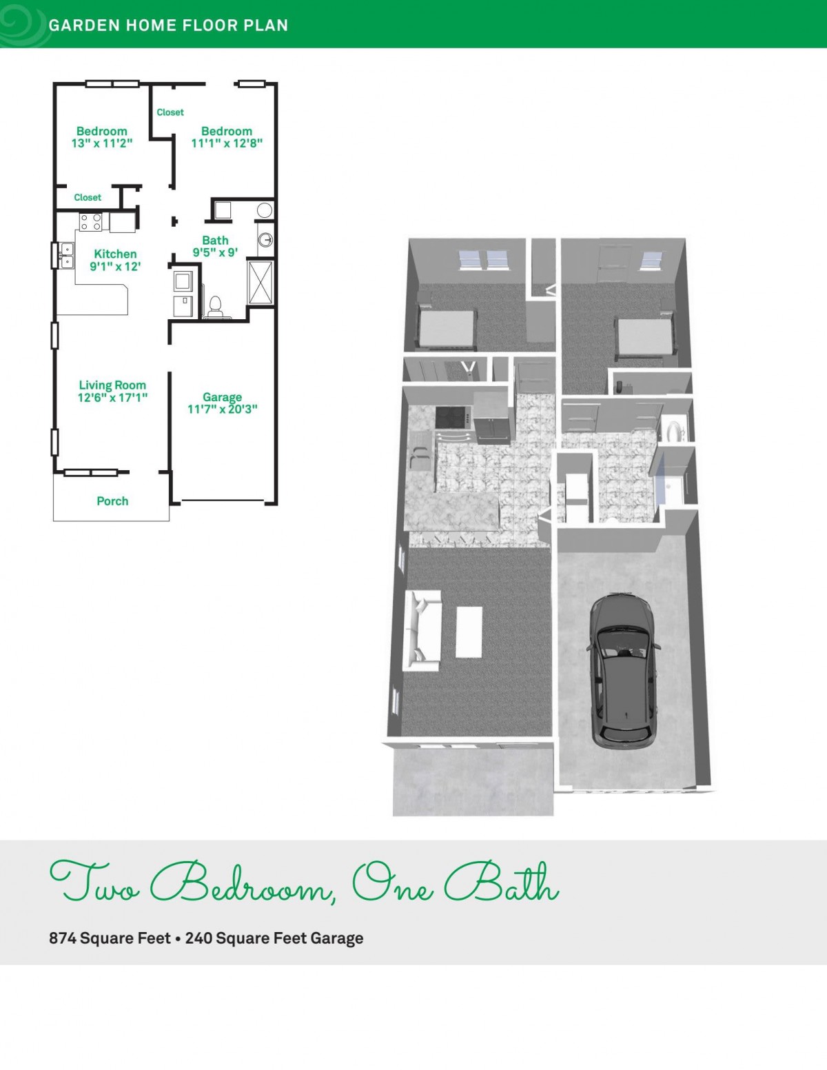 A floor plan and 3D model of a two-bedroom, one-bathroom apartment.