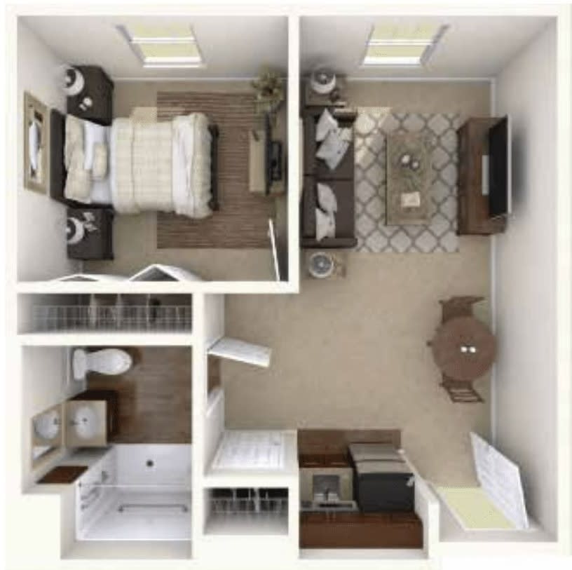 A compact one-bedroom apartment floor plan including a living room, kitchen, and bathroom.