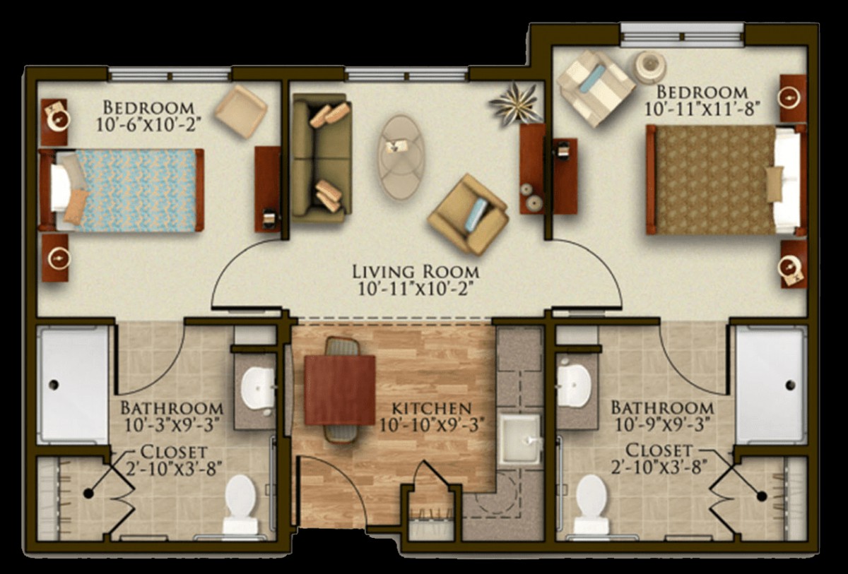 A detailed floor plan of a two-bedroom apartment with a living room, kitchen, and two bathrooms.