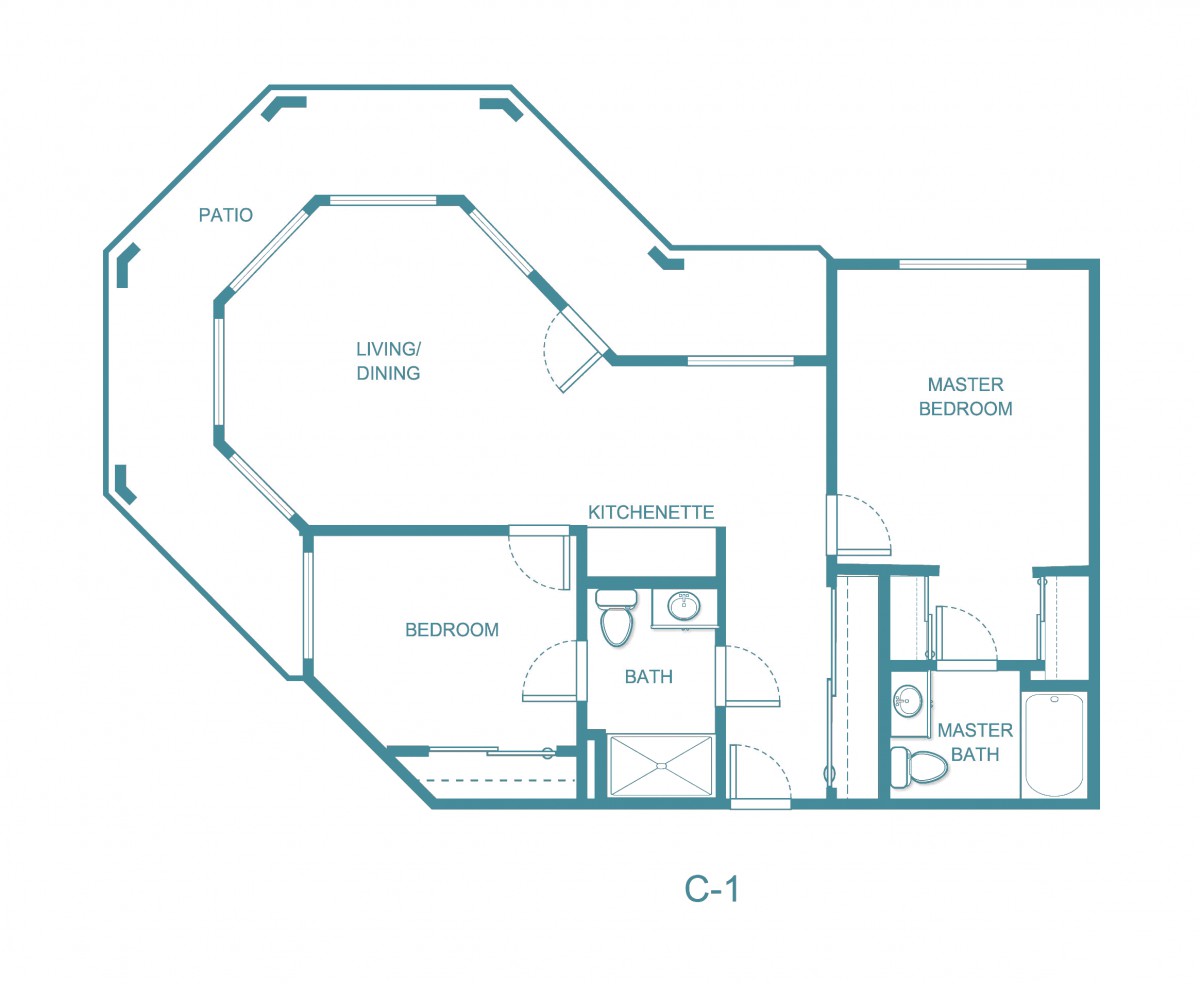 A detailed architectural floor plan outlining the layout of an apartment, including labeled rooms and designated areas.