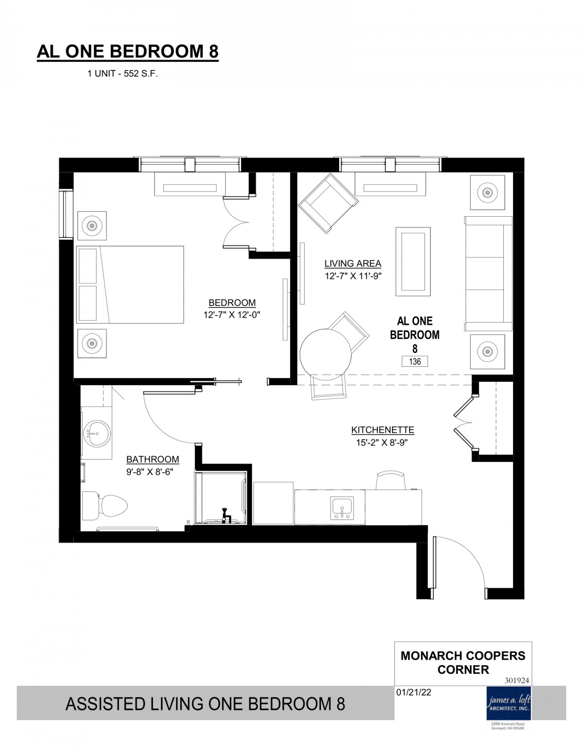 A floor plan layout of a one-bedroom apartment featuring a living room, kitchen, and bathroom.