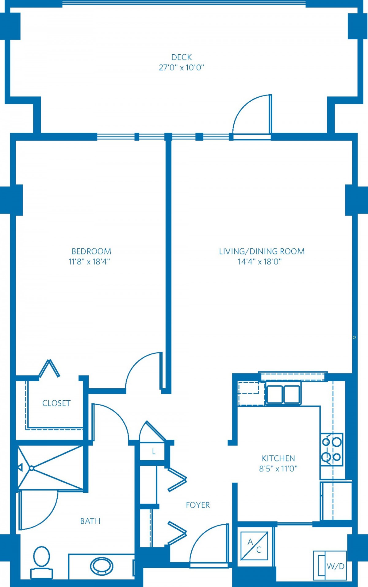 A blueprint of a one-bedroom apartment layout showing the bedroom, living/dining area, kitchen, and bathroom.