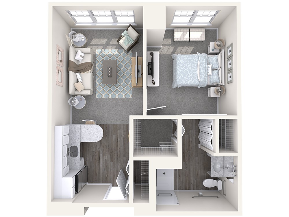 A minimalist floor plan of a one-bedroom apartment featuring a living room, kitchen, bathroom, and bedroom.