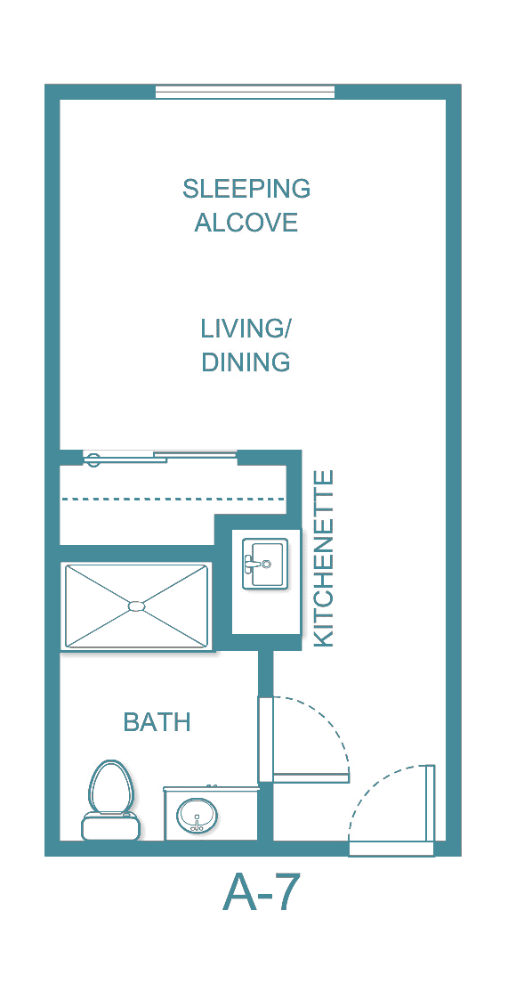 Studio apartment floor plan featuring a kitchenette, living/dining area, and bathroom.