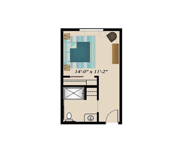 This image shows a floor plan of a compact studio apartment featuring a bed, bathroom, and small living area.